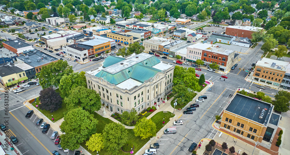 Aerial Auburn Indiana with focus on downtown courthouse
