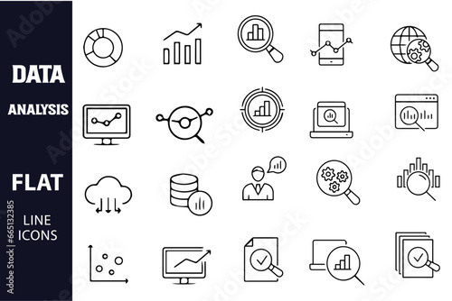 Data analysis line icons set. Analytics, server, mining, data filter, traffic, AI, hosting, monitoring. Statistics and analytics outline vector icons stock collection