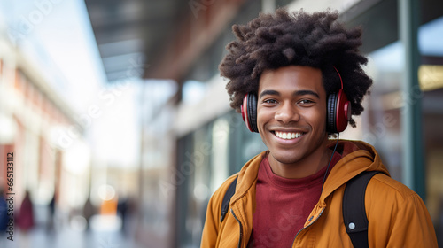 Smiling dark-skinned young guy wearing headphones and with a backpack enjoying music