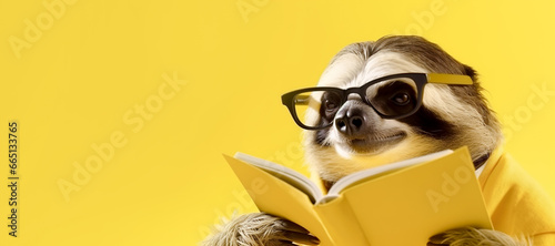 Sloth with glasses reading a book on a yellow background photo