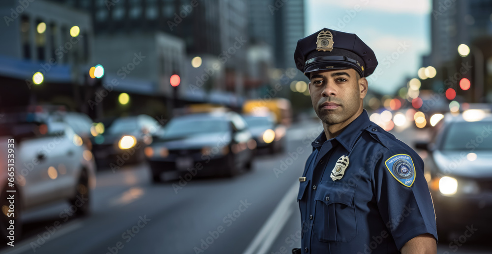 Man working as police officer or cop, closeup portrait, blurred evening city background. Banner with copy space. Generative AI Man working as police officer or cop, closeup portrait, blurred evening city background. Banner with copy space. Generative AI
