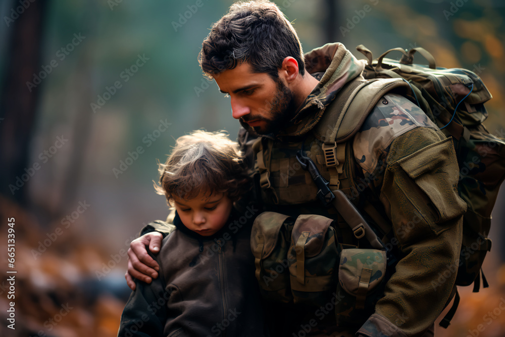 A soldier hugs a child. War in the modern world.