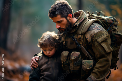 A soldier hugs a child. War in the modern world.
