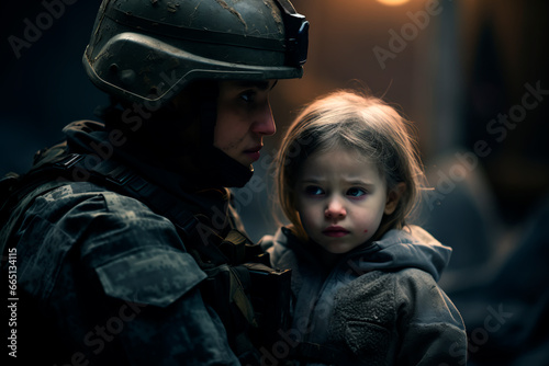 A soldier hugs a child. War in the modern world.