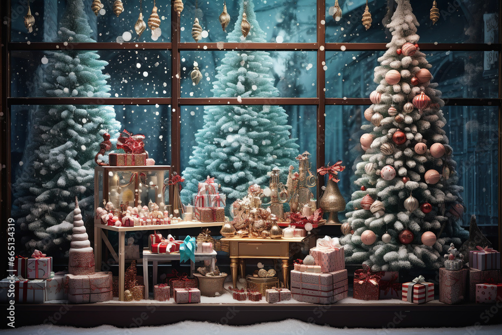 Stylish luxury vintage glass shop window decorated with Christmas lights, balls and gifts. Merry Christmas. Happy holidays