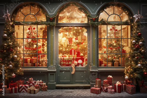 Stylish luxury vintage glass shop window decorated with Christmas lights, balls and gifts. Merry Christmas. Happy holidays photo