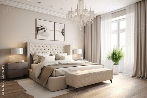 Stylish bedroom design with breakfast  featuring a luxurious beige color scheme. Generative AI