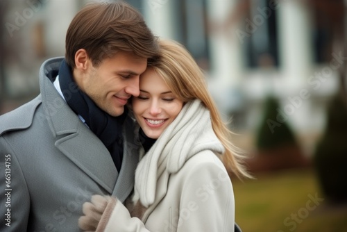 Happy romantic loving couple family guy girl hugging over house blurred background outside street buying selling real estate investing private property mortgage home rent apartment sale business owner © Yuliia