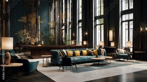 A boutique hotel lobby with a fusion of vintage and contemporary design elements.