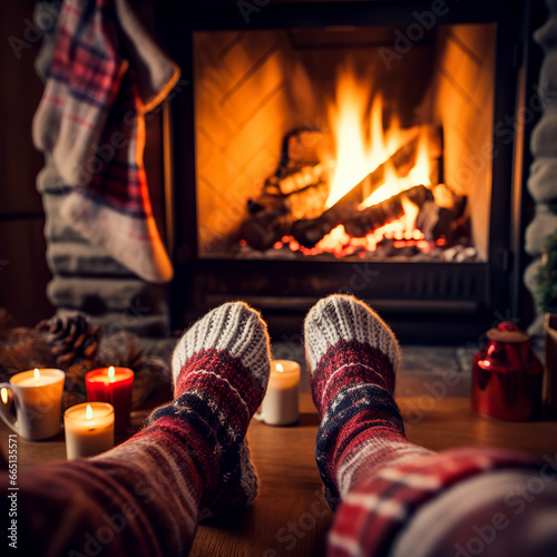Feet in woolen socks by the Christmas fireplace. A woman in socks warms herself by the fireplace. Female legs in woolen socks by the fireplace .