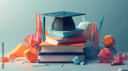 E-learning distant graduate certificate program concept. Low poly 3D render graduation cap, books, diploma polygonal modern design banner template. Internet education course degree vector illustration