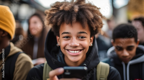 Young African American boy joyfully checking his smartphone or captures memories with a cell phone.friends or mates in the background, after school or start of school. minor, 14 or 15 years old photo