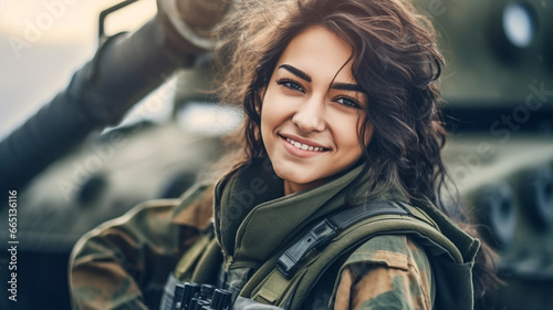 Young woman in military uniform posing confidently by tank.