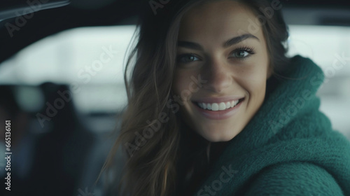 Young woman with brown hair and green eyes smiles in parked car. © wetzkaz
