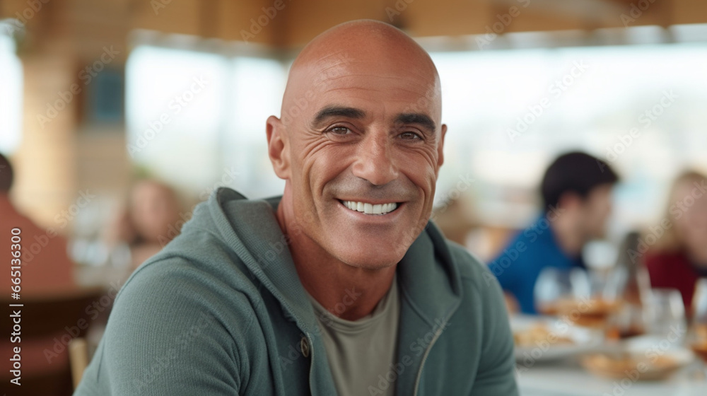 Happy bald man in grey hoodie at a restaurant table, enjoying a pleasant dining experience with others. Relaxed and social atmosphere. Happy bald man in grey hoodie at a restaurant table, enjoying a pleasant dining experience with others. Relaxed and social atmosphere.
