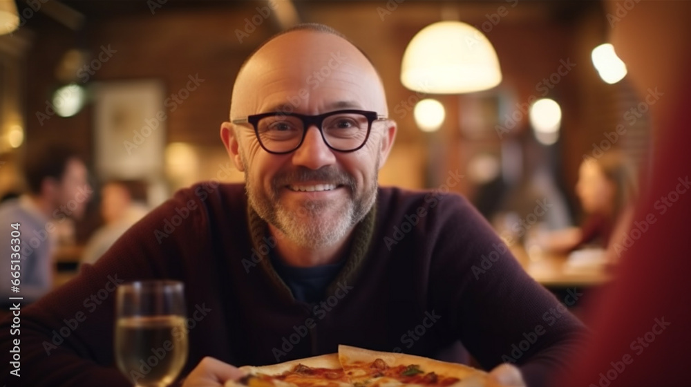 A joyful man with glasses savoring pizza at a restaurant table, adding warmth to the social atmosphere.