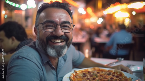 A man happily savoring pizza in a bustling restaurant.