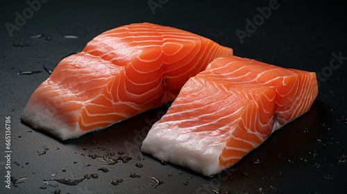 Filets de saumon cru sur une table, fond noir. Plat, nourriture, cuisine. Pour conception et création graphique. photo