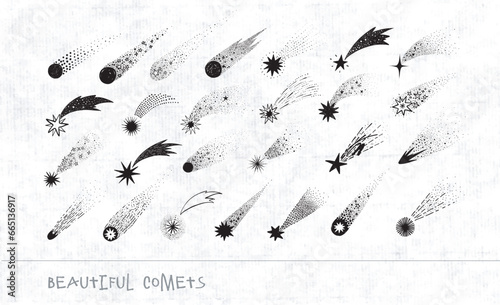 Collection of doodles with comets and shooting stars on old paper background