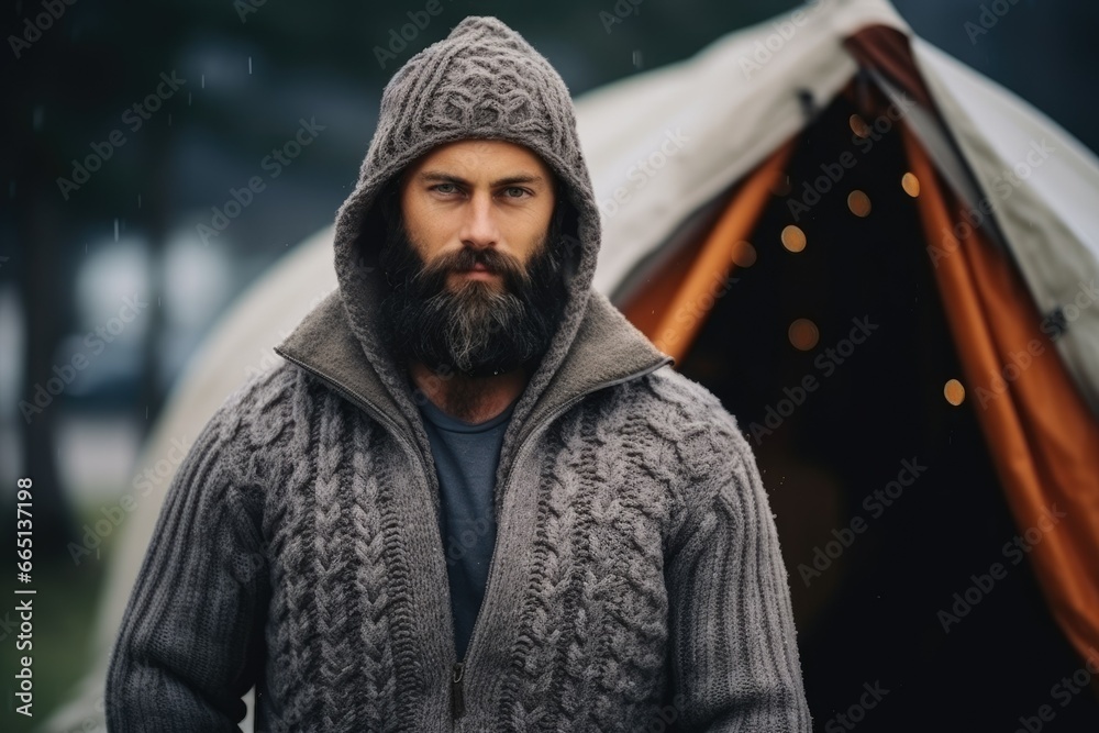 a warmly dressed adult man on a hike against the backdrop of a tent. Brutal, courageous, strong. business relaxation. men's retreat a warmly dressed adult man on a hike against the backdrop of a tent. Brutal, courageous, strong. business relaxation. men's retreat
