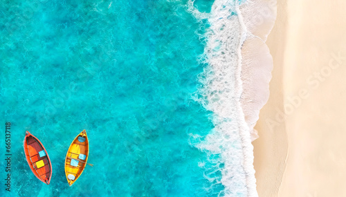 Aerial View of Sandy Tropical Beach and Ocean with Two Colorful Boats Floating on Turquoise Water. Summer Poster Background.