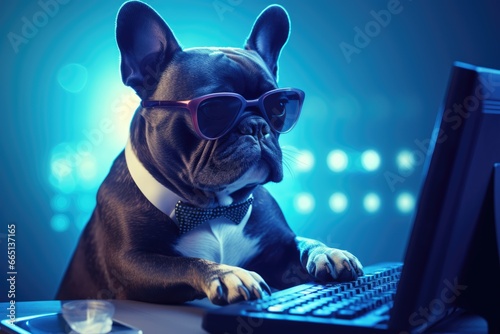 French bulldog at the computer. it. Programming. photo