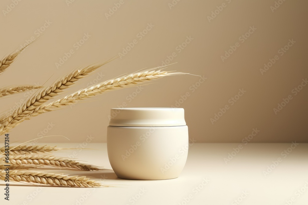 Beige pastel background. Jar of cream. mockup Wheat. Cereals, grains in cosmetics.