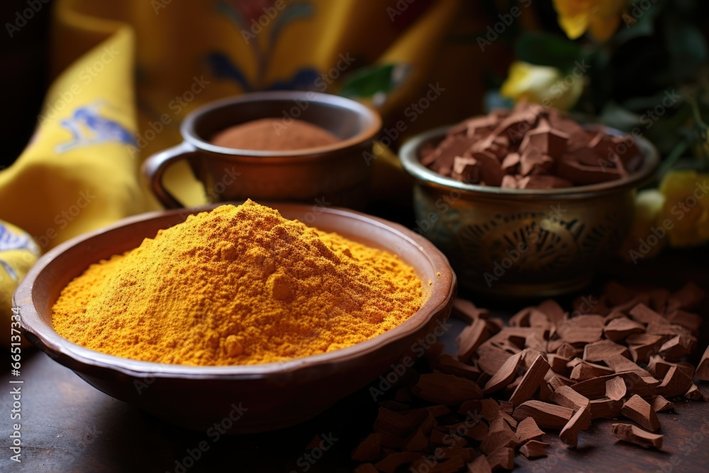turmeric root dry powder with dark chocolate cocoa. yellow color root. Indian spices. turmeric root dry powder with dark chocolate cocoa. yellow color root. Indian spices.