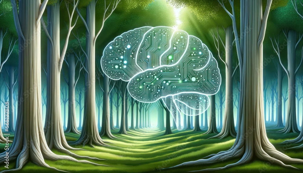 An enchanting forest glade is depicted, where trees, with their trunks ...