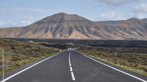 View of volcano on the open road near El Golfo, Lanzarote, Canary Islands, Spain