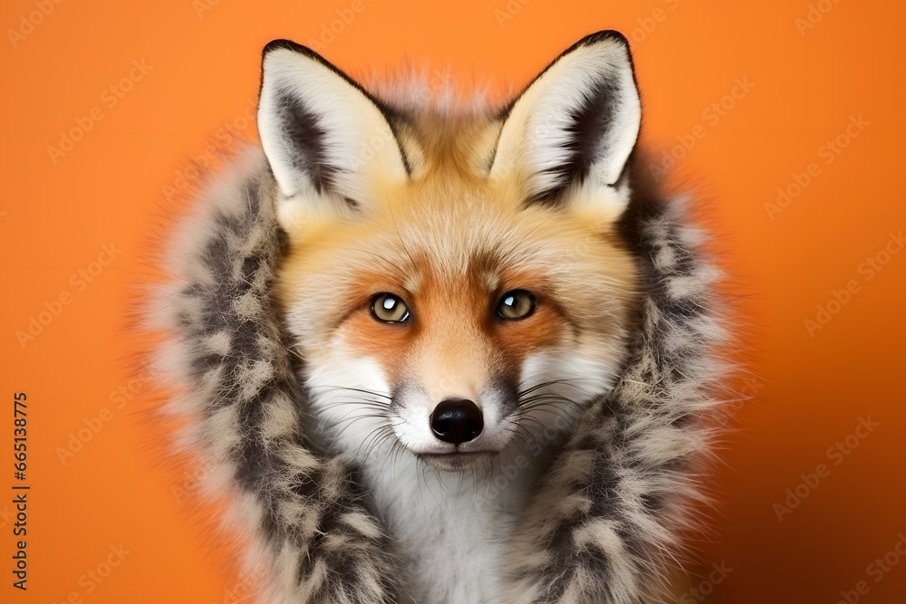 Studio portrait of a fox wearing knitted hat, scarf and mittens. Colorful winter and cold weather concept. Studio portrait of a fox wearing knitted hat, scarf and mittens. Colorful winter and cold weather concept.