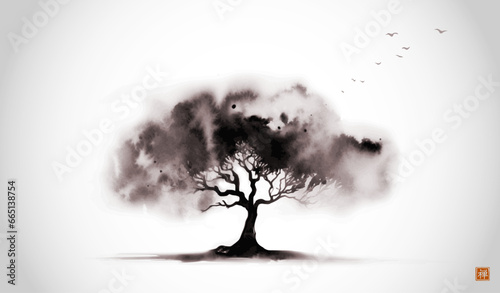 Big tree with wide crown in a field. Traditional oriental ink painting sumi-e, u-sin, go-hua. Translation of hieroglyph - perfection