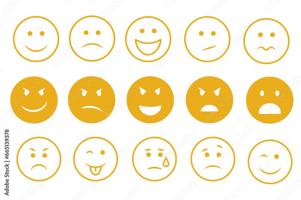 Emoticons icons set. Emoji faces collection. Emojis flat style. Happy happy, smile, neutral, sad and angry emoji. Line smiley face Emoticons icons set. Emoji faces collection. Emojis flat style. Happy happy, smile, neutral, sad and angry emoji. Line smiley face