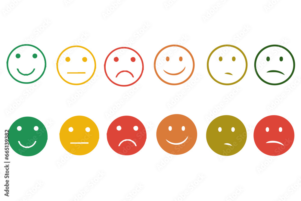 Emoticons icons set. Emoji faces collection. Emojis flat style. Happy happy, smile, neutral, sad and angry emoji. Line smiley face