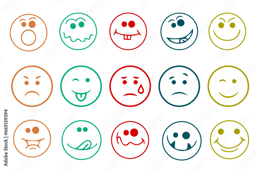 Emoticons icons set. Emoji faces collection. Emojis flat style. Happy happy, smile, neutral, sad and angry emoji. Line smiley face Emoticons icons set. Emoji faces collection. Emojis flat style. Happy happy, smile, neutral, sad and angry emoji. Line smiley face