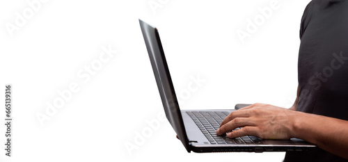 Hands holding a laptop and using the keyboard. Networking concept, programming, business, cybersecurity. Isolated.