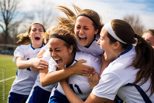 Group of young female soccer players celebrating victory photo