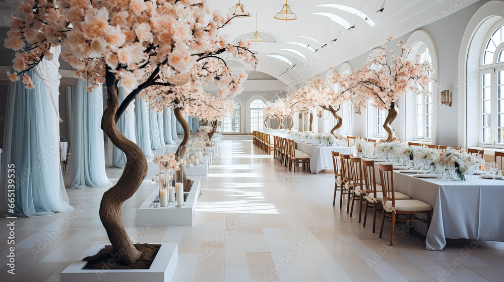 Wedding banquet hall decorated with pink cherry blossoms. 3d rendering. Luxury interior. Generative AI technology. - obrazy, fototapety, plakaty 