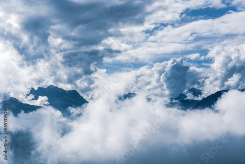 Panoramic view of the mountains at Lake Lucerne in Switzerland.