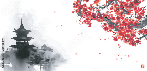 Serene scene with Japanese pagoda nestled among blooming sakura cherry blossoms, painted in the traditional Sumi-e style, evoking the beauty of spring. Hieroglyph - happiness.