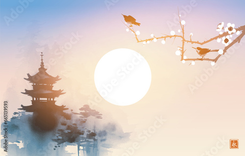 Pagoda, a blooming sakura cherry blossom branch with two delicate birds perched upon it. Traditional Japanese ink wash painting sumi-e. Translation of hieroglyph - eternity