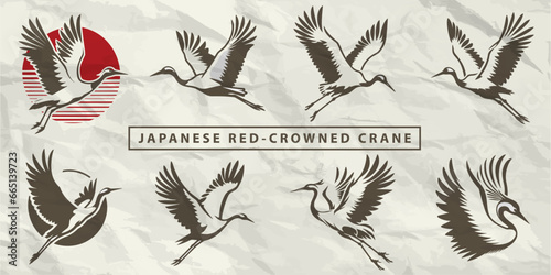 Collection of Silhouettes: Japanese Red-crowned Cranes