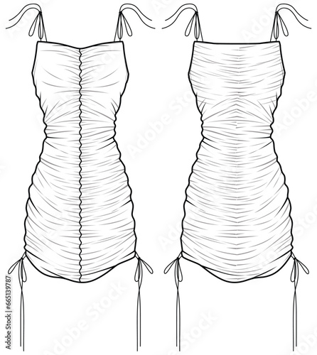 Women strapped ruched dress design flat sketch fashion illustration drawing with front and back view. Ladies bodycon evening wear, gathered off shoulder tight dress drawing vector template