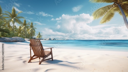 Beautiful beach. Chairs on the sandy beach near the sea. Summer holiday and vacation concept for tourism. © inthasone