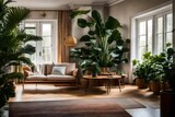 luxury hotel lounge with plants, Imagine a living room where tranquility reigns supreme