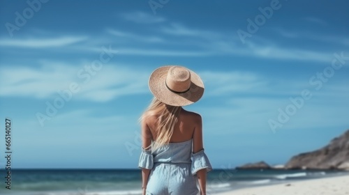A beautiful attractive woman in a white dress and straw hat walks on the beach.