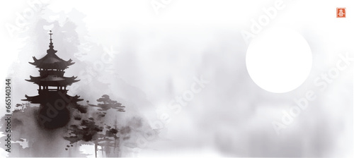 Landscape featuring pagoda temple, the sun veiled in mist, all beautifully painted in the Sumi-e style.Translation of hieroglyph - beauty