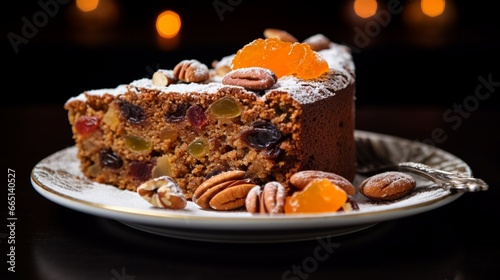 A close-up of a slice of traditional Christmas fruitcake, loaded with candied fruits and nuts, with a dusting of powdered sugar on top.