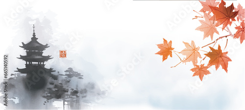  Japanese pagoda shrouded in mist, depicted alongside a branch adorned with red maple leaves, painted in the traditional Sumi-e style, capturing the essence of autumn. Hieroglyph - clarity.