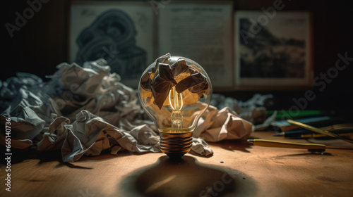 Education concept image. Creative idea and innovation. Crumpled paper as light bulb metaphor over blackboard.